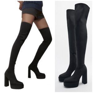 Zara black chunky heel platform fabric over the knee thigh high boots Sz 40 NWOT